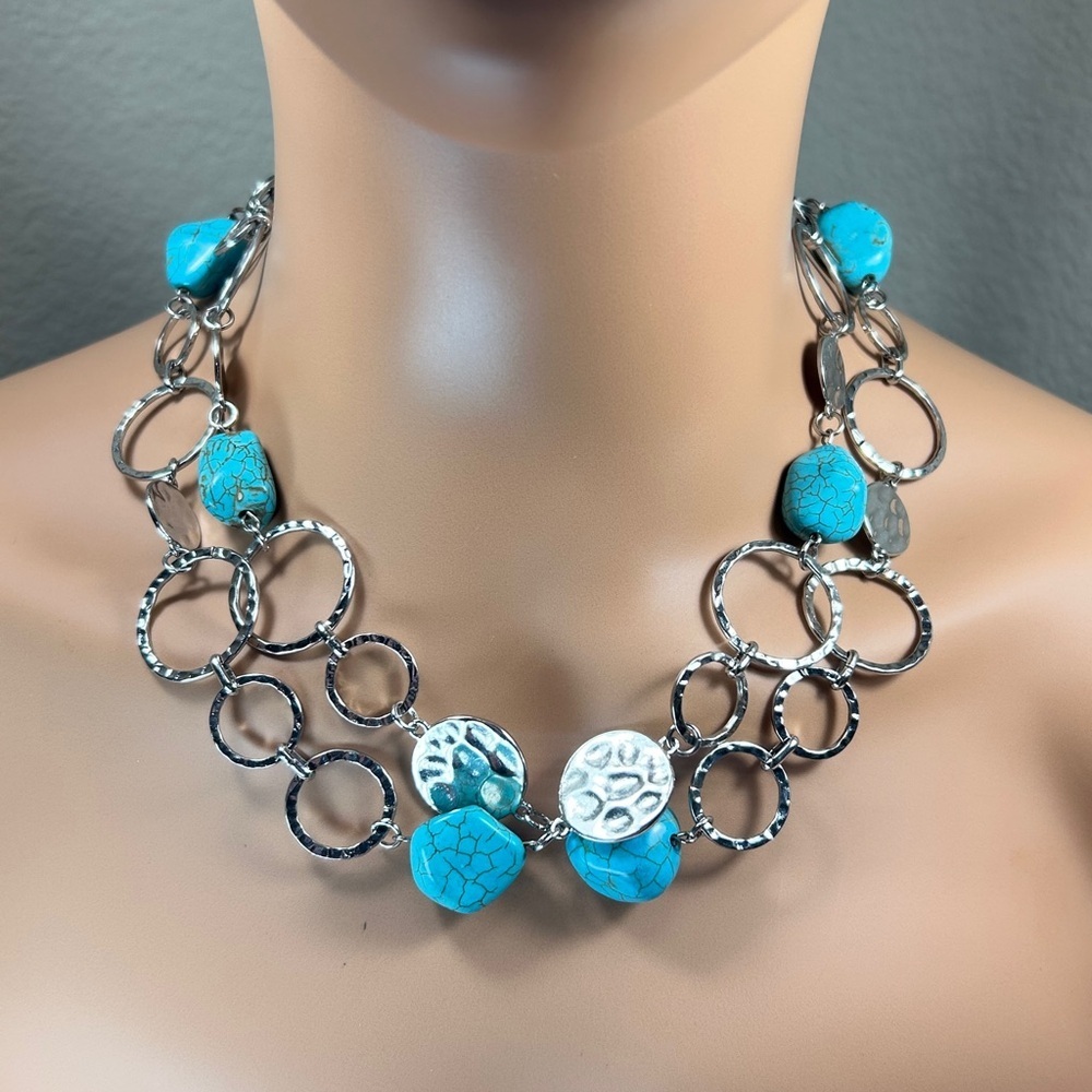 Southwestern Style Turquoise & Silver Long Statement Necklace*